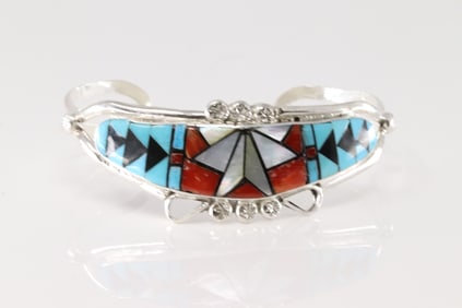Native America Zuni Sterling Silver Multi-Color Stone Inlay Bracelet By Ola Eriacho.