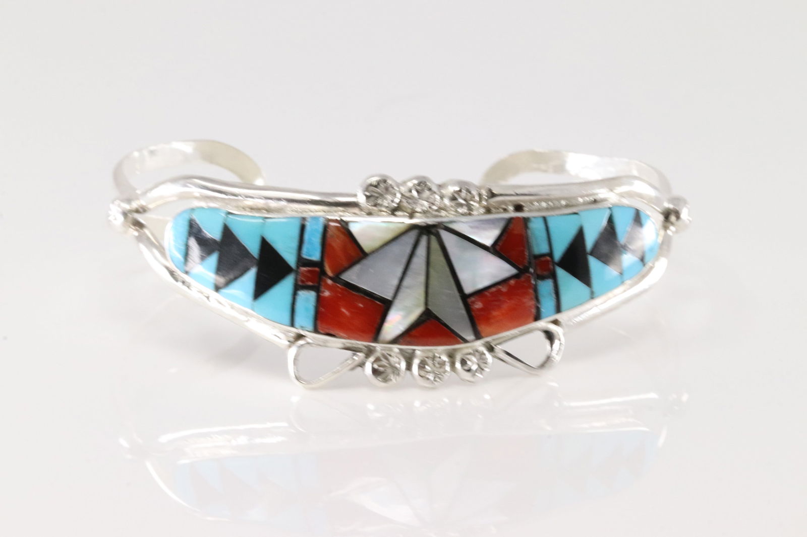 Native America Zuni Sterling Silver Multi-Color Stone Inlay Bracelet By Ola Eriacho. (1 of 4)