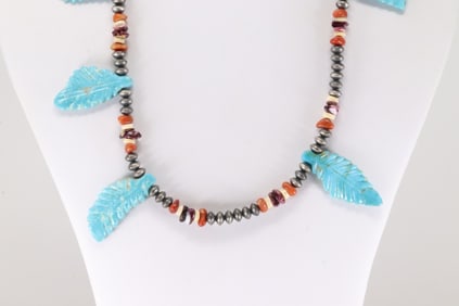 Native America Navajo Sterling Silver Multi-Color Stone Leaf Necklace.