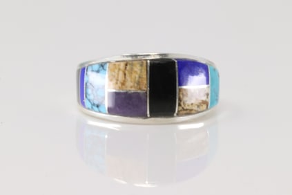 Native America Navajo Sterling Silver Multi-Color Stone Inlay Ring By Yazzie.