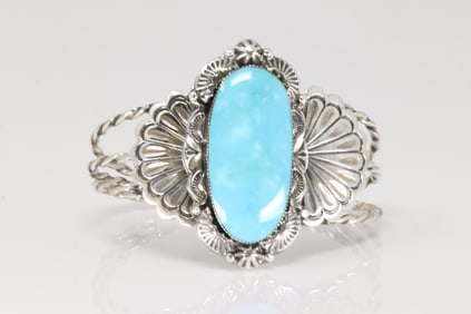 Native America Navajo Sterling Silver Turquoise Bracelet Cuff By Gilbert Smith.