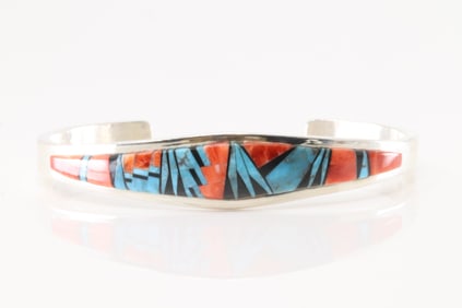 Native America Navajo Sterling Silver Multi-Color Stone Inlay Bracelet Cuff By C.W.