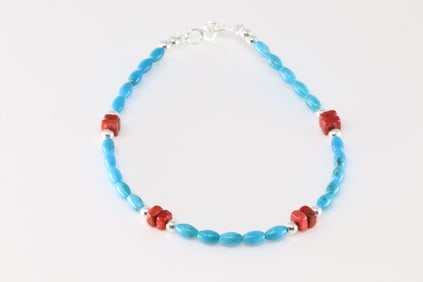 Native America Navajo Sterling Silver Coral & Turquoise Bracelet Link.