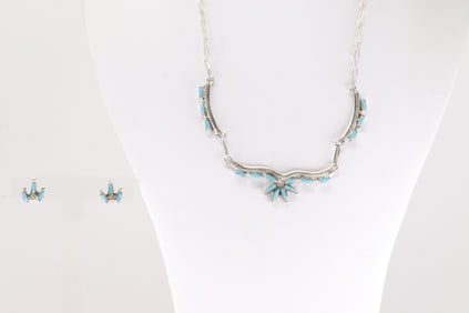 Native America Zuni Sterling Silver Turquoise Heart Necklace & Earring's Set By Veronica Yawakia.
