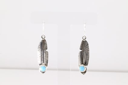 Native America Navajo Sterling Silver Turquoise Feather Dangling Earring's By Genevieve Francisco.
