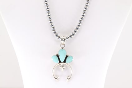 Native America Navajo Sterling Silver Turquoise Naja Pendant By Irvin Tsosie. With Pearl Beaded
