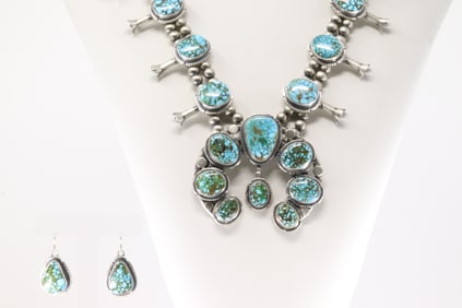 Native America Navajo Sterling Silver Kingman Turquoise Squash Blossom Necklace & Earring's Set By
