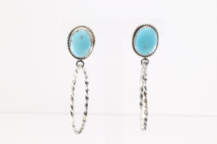 Native America Navajo Sterling Silver Kingman Turquoise Hoop Post / Dangling Earring's By Elouise