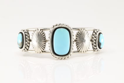 Native America Navajo Sterling Silver Turquoise Barcelet Cuff By R.B.