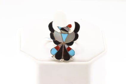 Native America Zuni Sterling Silver Multi-Color Stone Bird Ring By Breon Wallace.