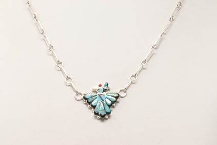 Native America Zuni Sterling Silver Multi-Color Stone Inlay Bird Necklace By Michelle Peina.