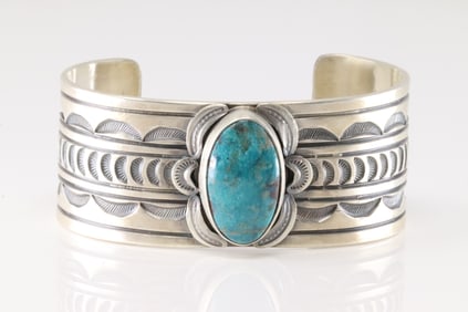 Native America Navajo Sterling Silver Turquoise Bracelet Cuff By J.Lucio.