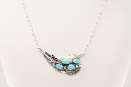 Native America Navajo Sterling Silver Turquoise Leaf Necklace By Jimmy Garcia.