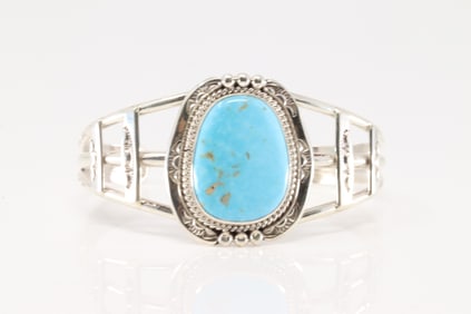 Native America Navajo Sterling Silver Kingman Turquoise Bracelet Cuff By Allanna Yellow.