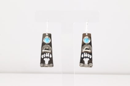 Native American Navajo Sterling Silver Turquoise Bear Paw Dangling Earring's By Jeff James Jr.