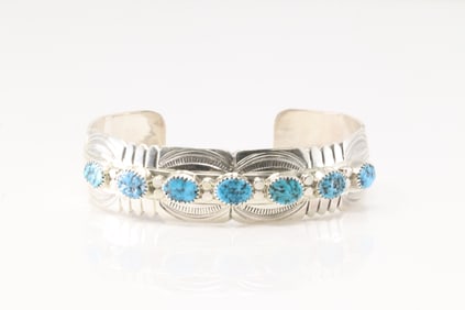 Native America Navajo Sterling Silver Turquoise Bracelet Cuff By David Segar.