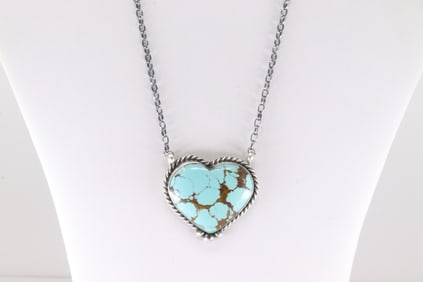 Native America Navajo Sterling Silver Kingman Turquoise Heart Necklace By Johnny Dixon.