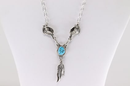 Native American Navajo Sterling Silver Turquoise Necklace By Verley Betone.