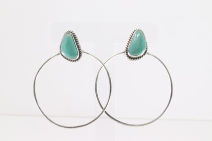 Native America Navajo Sterling Silver Kingman Turquoise Hoop Earring's By Elouise Kee.