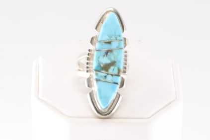 Native America Navajo Sterling Silver Turquoise Inlay Ring By B.E.