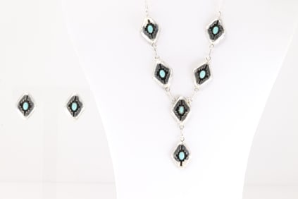 Native America Navajo Sterling Silver Turquoise Necklace & Earring's Set By Felix Perry.