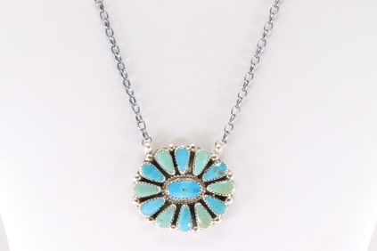 Native America Navajo Sterling Silver Kingman Turquoise Necklace By Alicia Wilson.