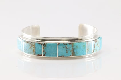 Native America Navajo Sterling Silver Turquoise Inlay Bracelet Cuff By H.Smith.