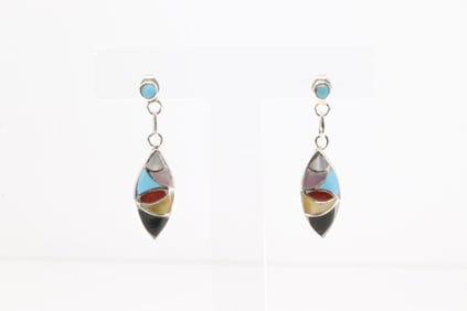 Native America Zuni Sterling Silver Multi-Color Stone Inlay Post / Dangling Earring's By Orena