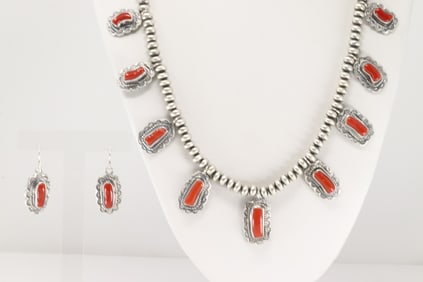 Native America Navajo Sterling Silver Coral Necklace & Earring's Set By Thomas Francisco.