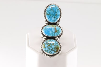 Native America Navajo Sterling Silver Kingman Turquoise Ring Stone Cuff.