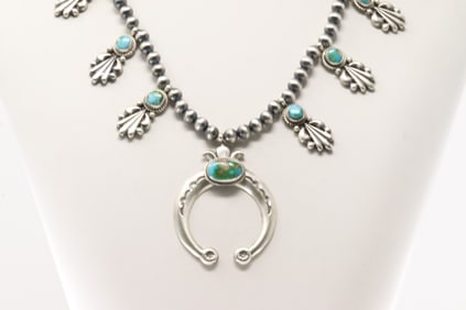 Native America Navajo Sterling Silver Sonora Gold Turquoise Squash Blossom Necklace By Bobby