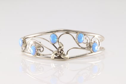 Native American Navajo Sterling Silver Turquoise Bracelet Cuff By C.