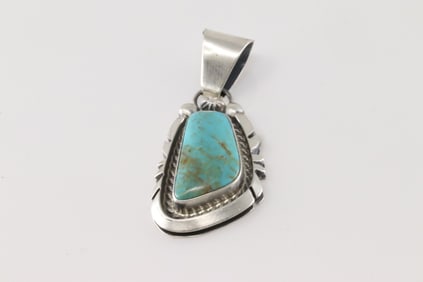 Native America Navajo Sterling Silver Kingman Turquoise Pendant By Donovan Skeets.