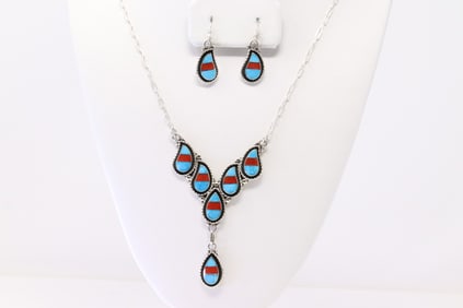 Native America Zuni Sterling Silver Coral & Turquoise Necklace / Earring's Set By Faye Lowsayatee.