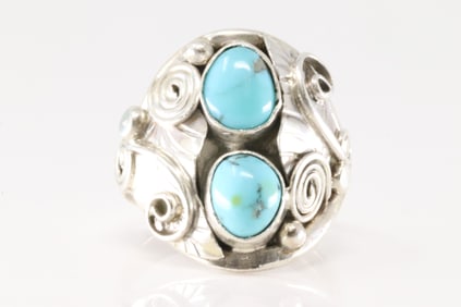 Native American Navajo Sterling Silver Turquoise Ring Floral By B.