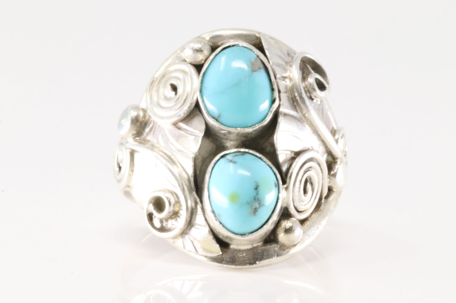 Native American Navajo Sterling Silver Turquoise Ring Floral By B. (1 of 4)
