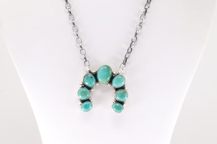 Native America Navajo Sterling Silver Kingman Turquoise Naja Necklace By Augsutine Largo.