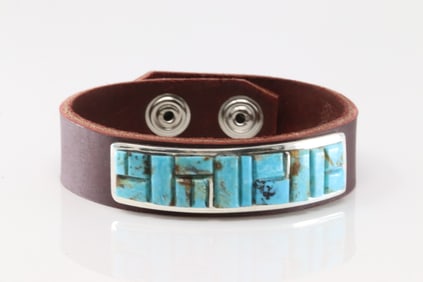 Native American Navajo Sterling Silver Turquoise Inlay Leather Bracelet By Edison Yazzie.