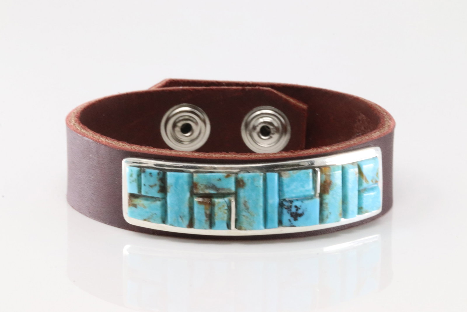 Native American Navajo Sterling Silver Turquoise Inlay Leather Bracelet By Edison Yazzie.: This is a Native American Navajo Sterling Silver Turquoise Inlay Leather Bracelet By Edison Yazzie.