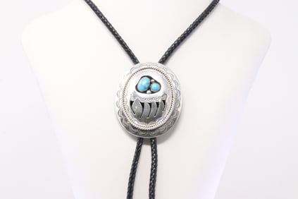 Native America Navajo Sterling Silver Paw Bear Turquoise Tie Necklace By Wilbert Muskett Sr.