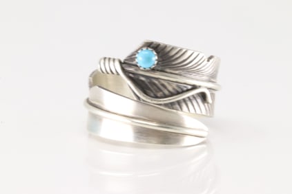 Native America Navajo Sterling Silver Turquoise Feather Ring By C.C.