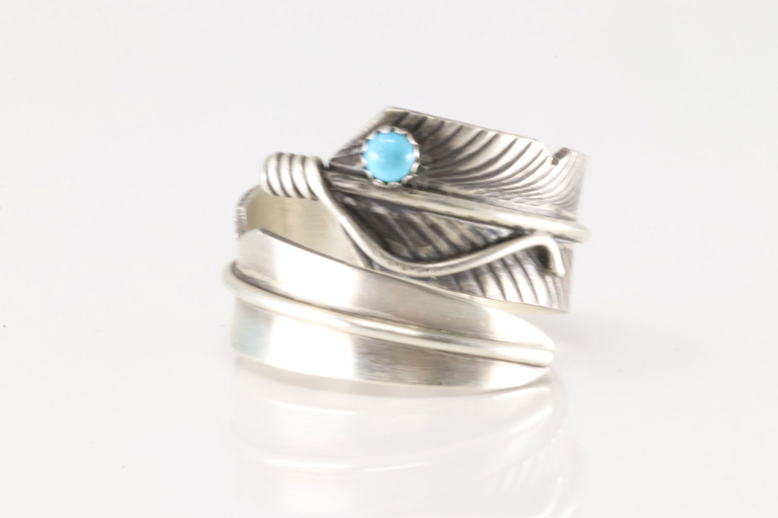 Native America Navajo Sterling Silver Turquoise Feather Ring By C.C. (1 of 4)