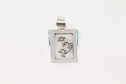 Native America Navajo Sterling Silver Turquoise Kokopelli Pendant By Leonard Jim.