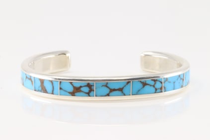 Native America Navajo Sterling Silver Kingman Turquoise Inlay Bracelet By Loretto.