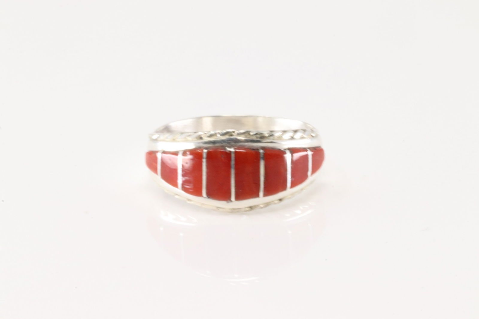 Native America Zuni Sterling Silver Coral Inlay Ring By M.P. (1 of 4)
