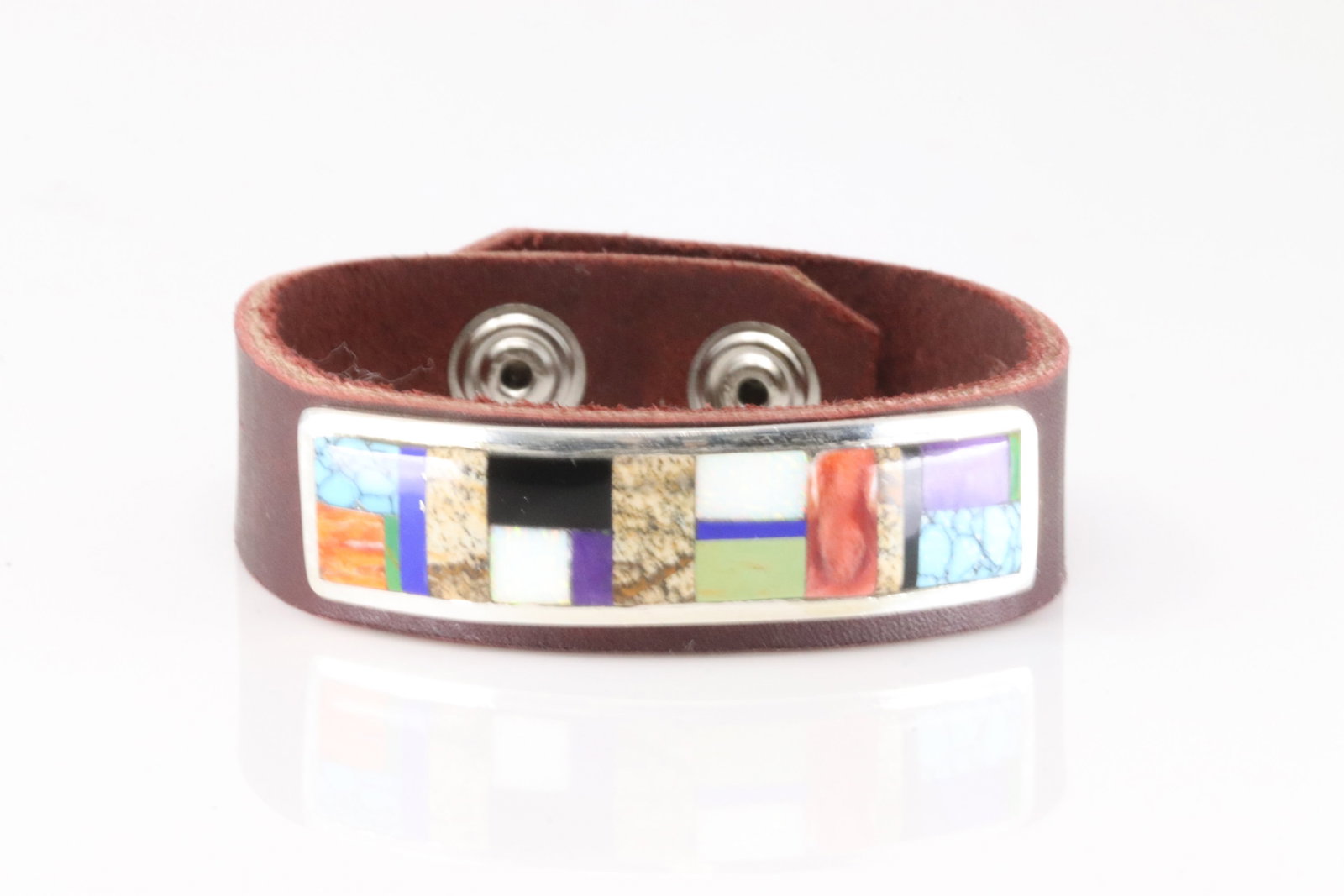 Native America Navajo Sterling Silver Multi-Color Stone Inlay Leather Bracelet By Edison Yazzie.: This is a Native America Navajo Sterling Silver Multi-Color Stone Inlay Leather Bracelet By Edison Yazzie. Bracelet length: 10.00"