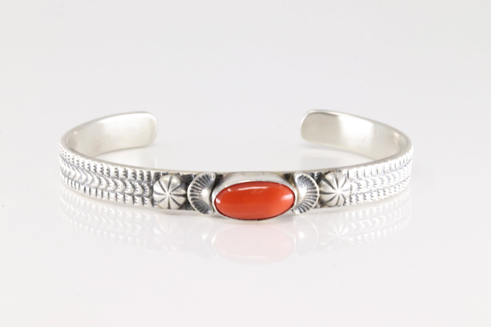 Native America Navajo Sterling Silver Coral Bracelet Cuff By M.Spencer.: This is a Native America Navajo Sterling Silver Coral Bracelet Cuff By M.Spencer.