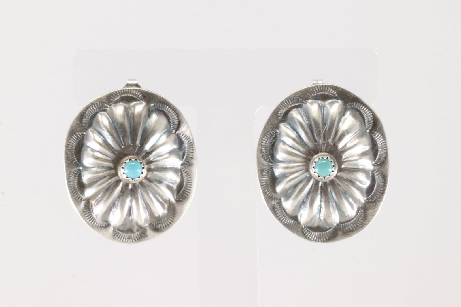 Native America Navajo Sterling Silver Turquoise Conch Post Earring's By Joan & Ryan Begay.: This is a Native America Navajo Sterling Silver Turquoise Conch Post Earring's By Joan & Ryan Begay.