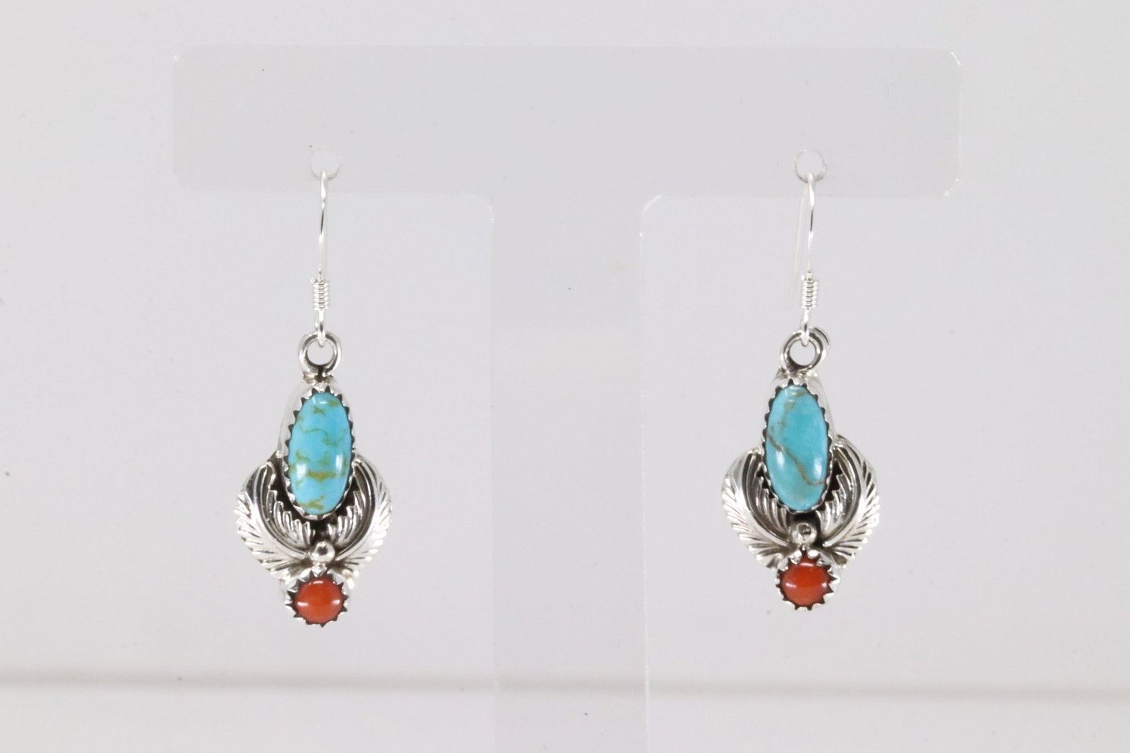 Native America Navajo Sterling Silver Coral & Turquoise Dangling Earring's By Robert Martinez.: This is a Native America Navajo Sterling Silver Coral & Turquoise Dangling Earring's By Robert Martinez.