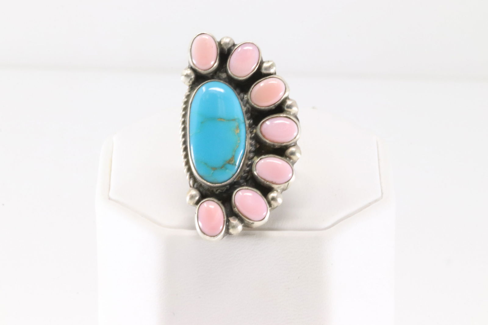Native America Navajo Sterling Silver Pink Conch Shell And Kingman Turquoise Ring By Geraldine